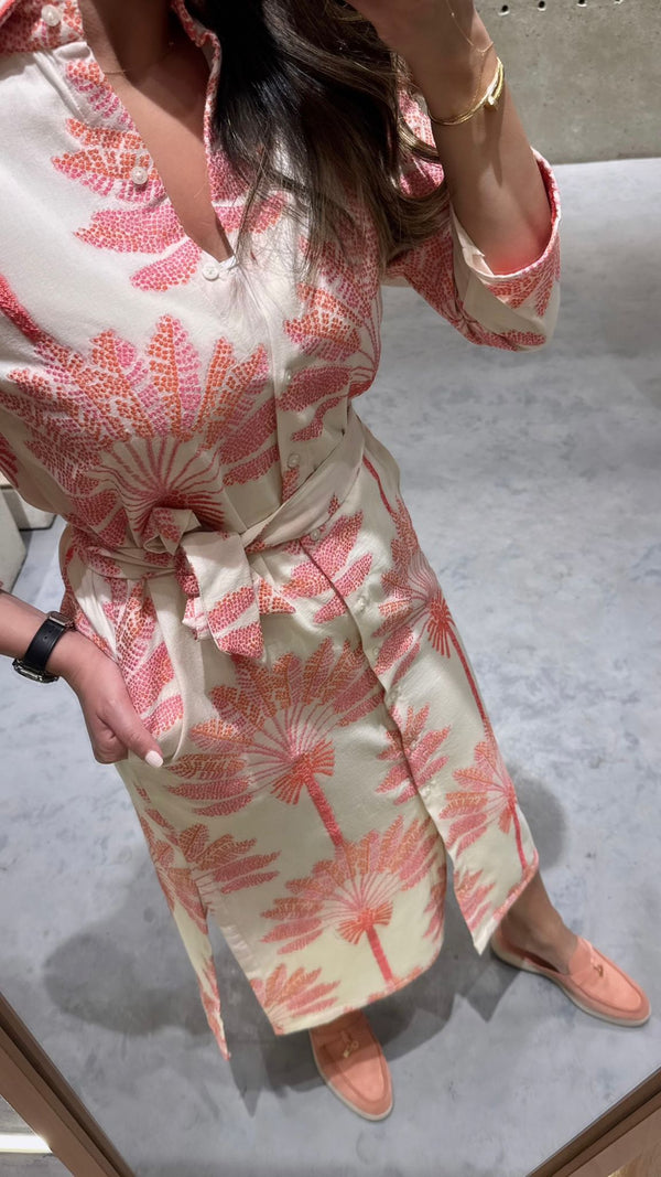 Midi Dress with Palm Trees Embroidery - 32564
