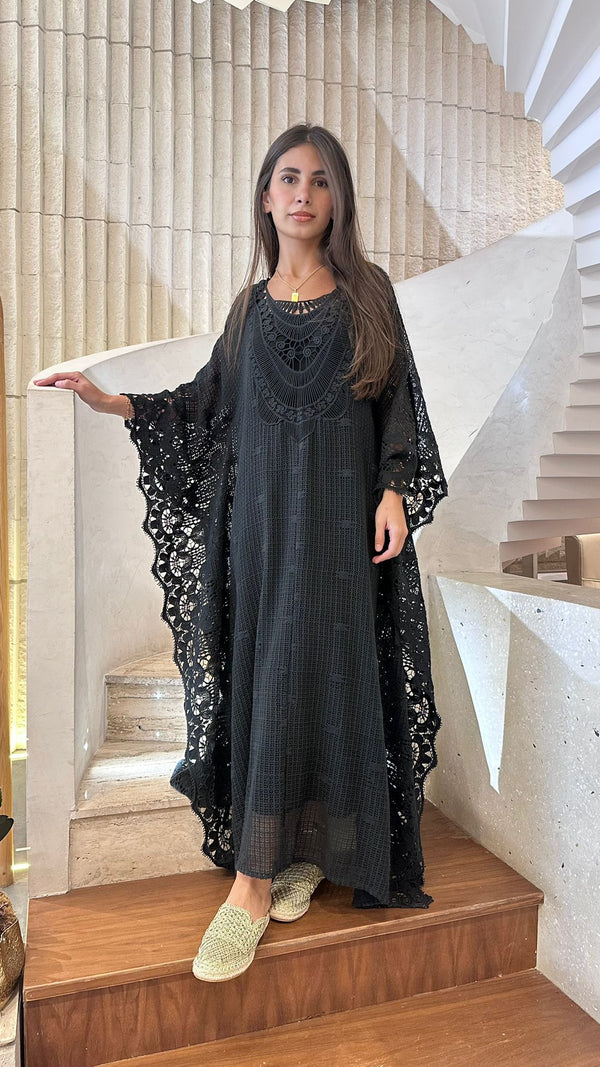 Black Crochet Embroidered Cotton Kaftan