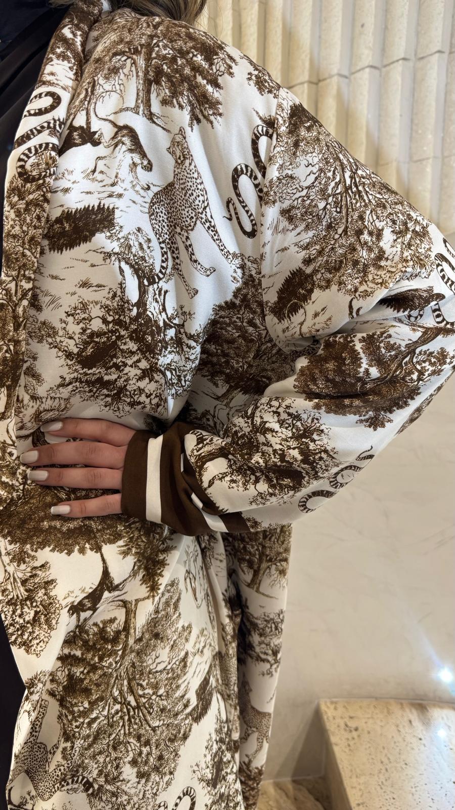 KD7182TN Safari Print Satin Long Cardigan - Brown Loft