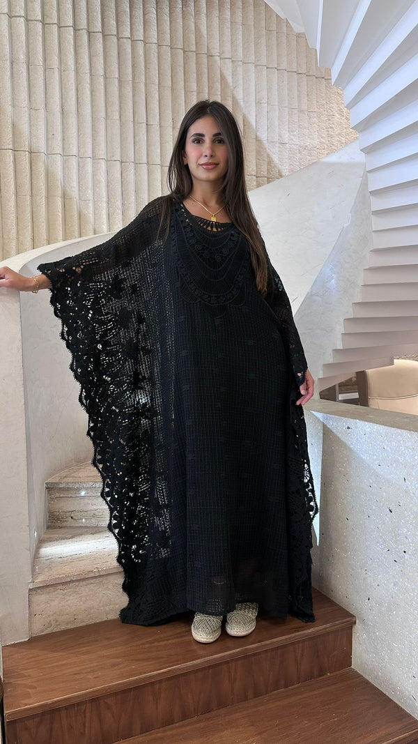 Black Crochet Embroidered Cotton Kaftan