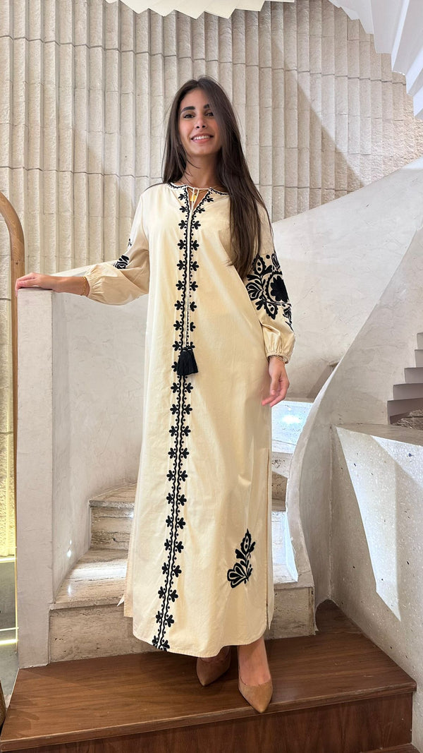 Ivory Embroidered Long Kaftan Dress - AWSS-187