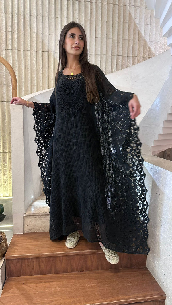 Black Crochet Embroidered Cotton Kaftan