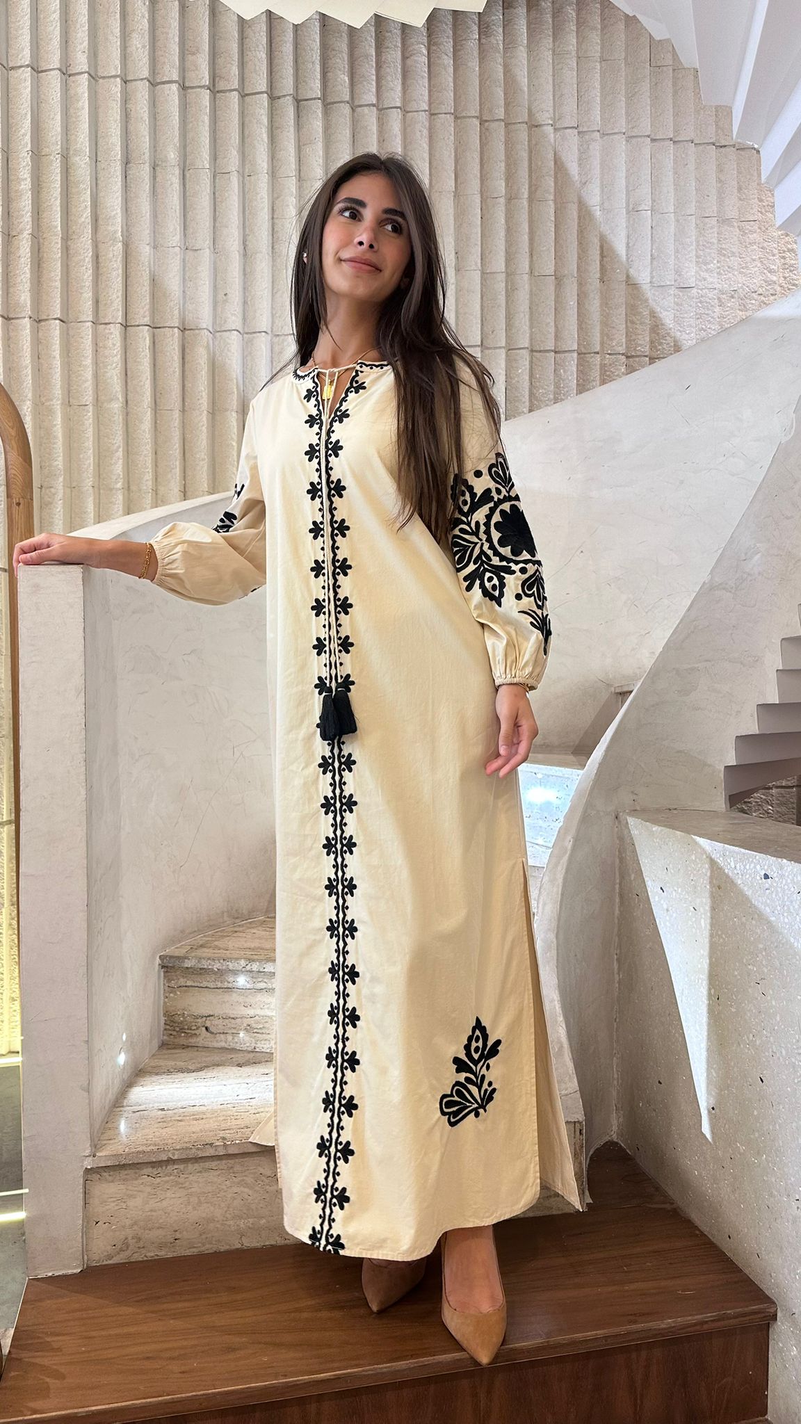 Ivory Embroidered Long Kaftan Dress - AWSS-187 - Brown Loft