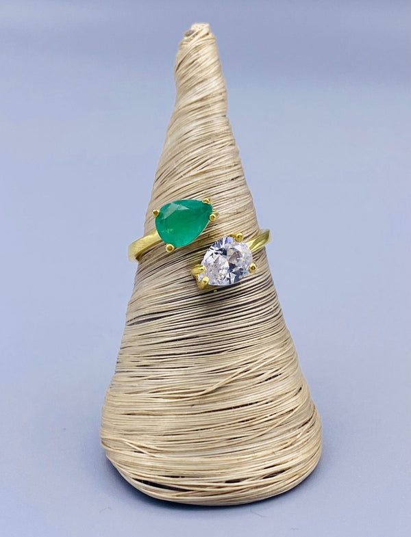 Pear Emerald and CZ Ring
