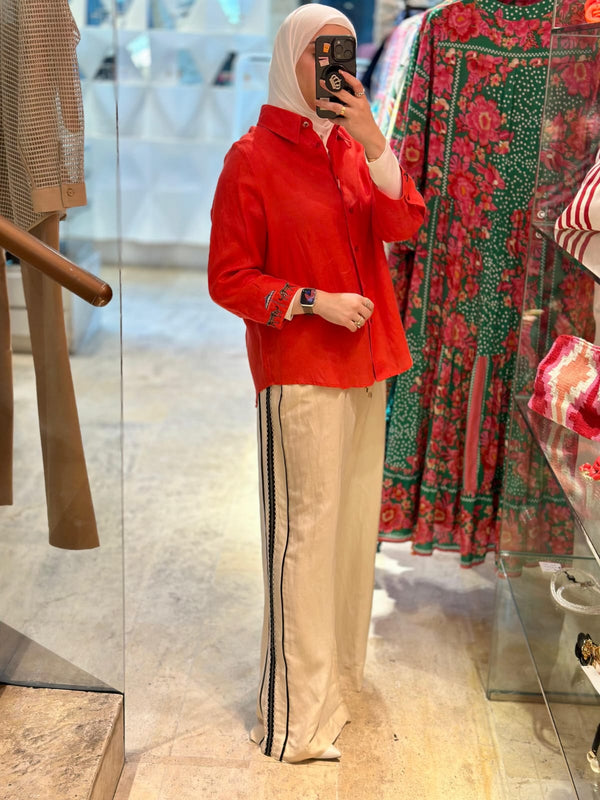 Buttoned Collared Linen Shirt - 32552