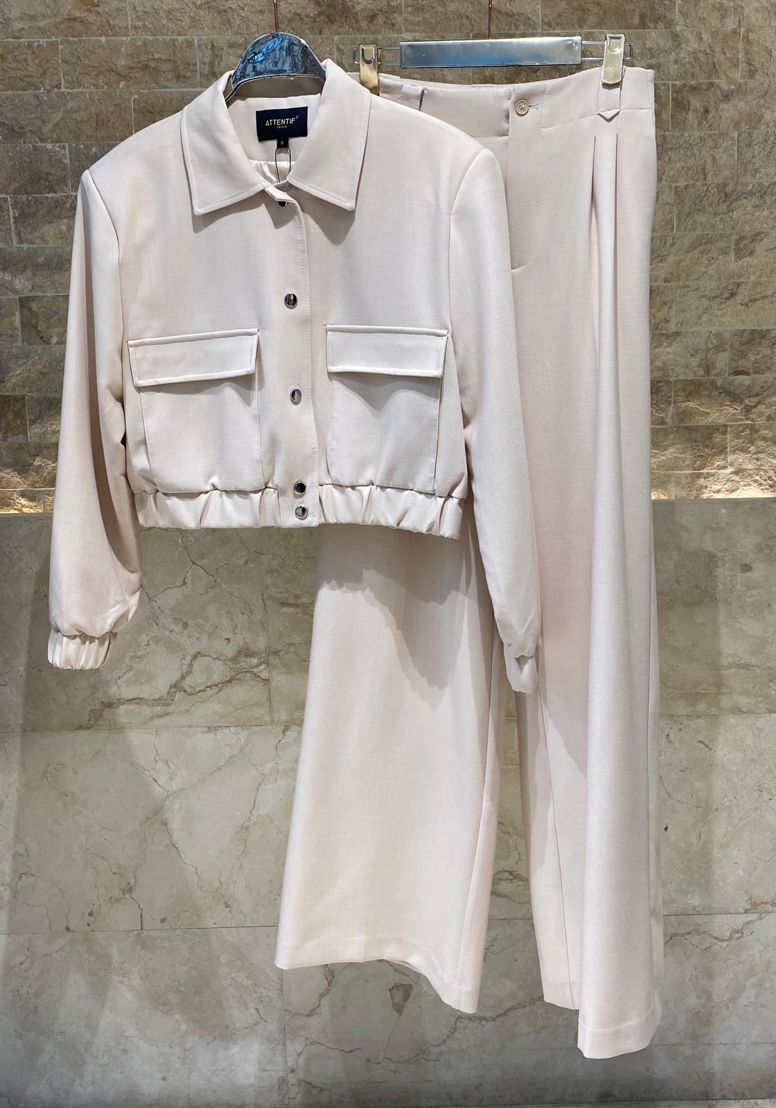 V2575 SET Bomber Jacket and Wide Leg Pants سترة بومبر وبنطال واسع الساق - Brown Loft