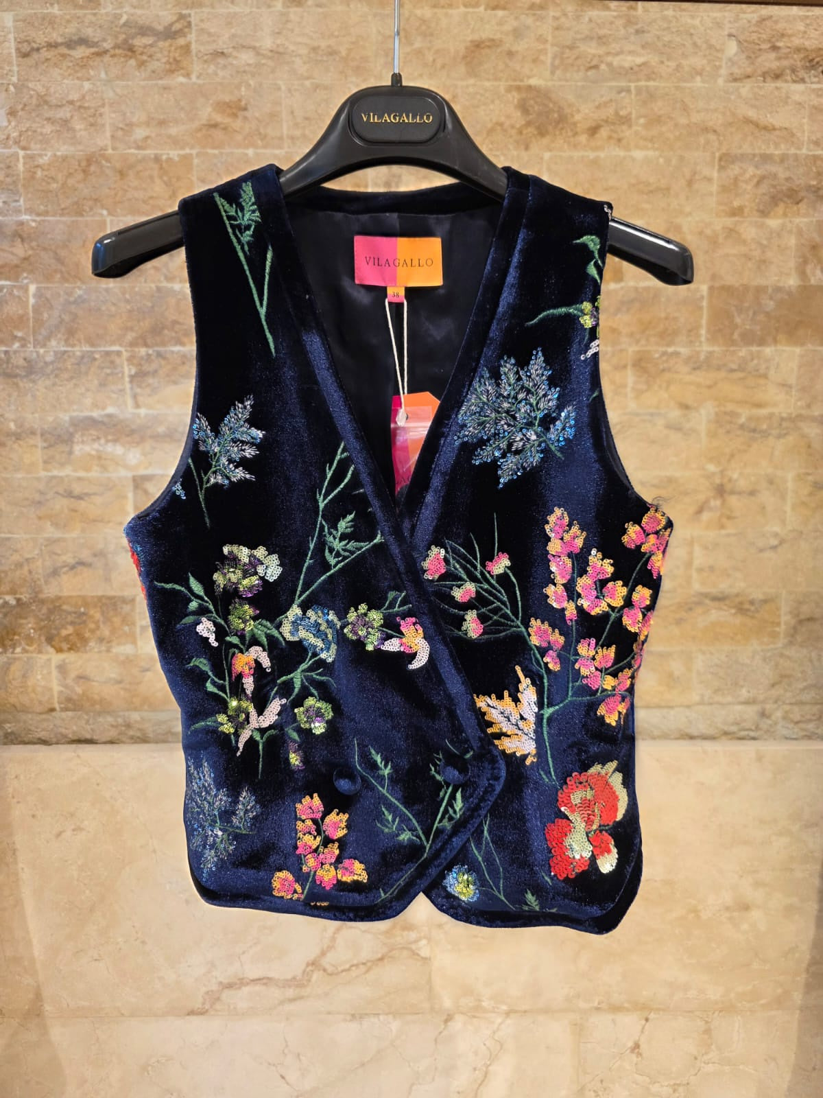 Navy Velvet Vest With Embroidered Flowers 34016