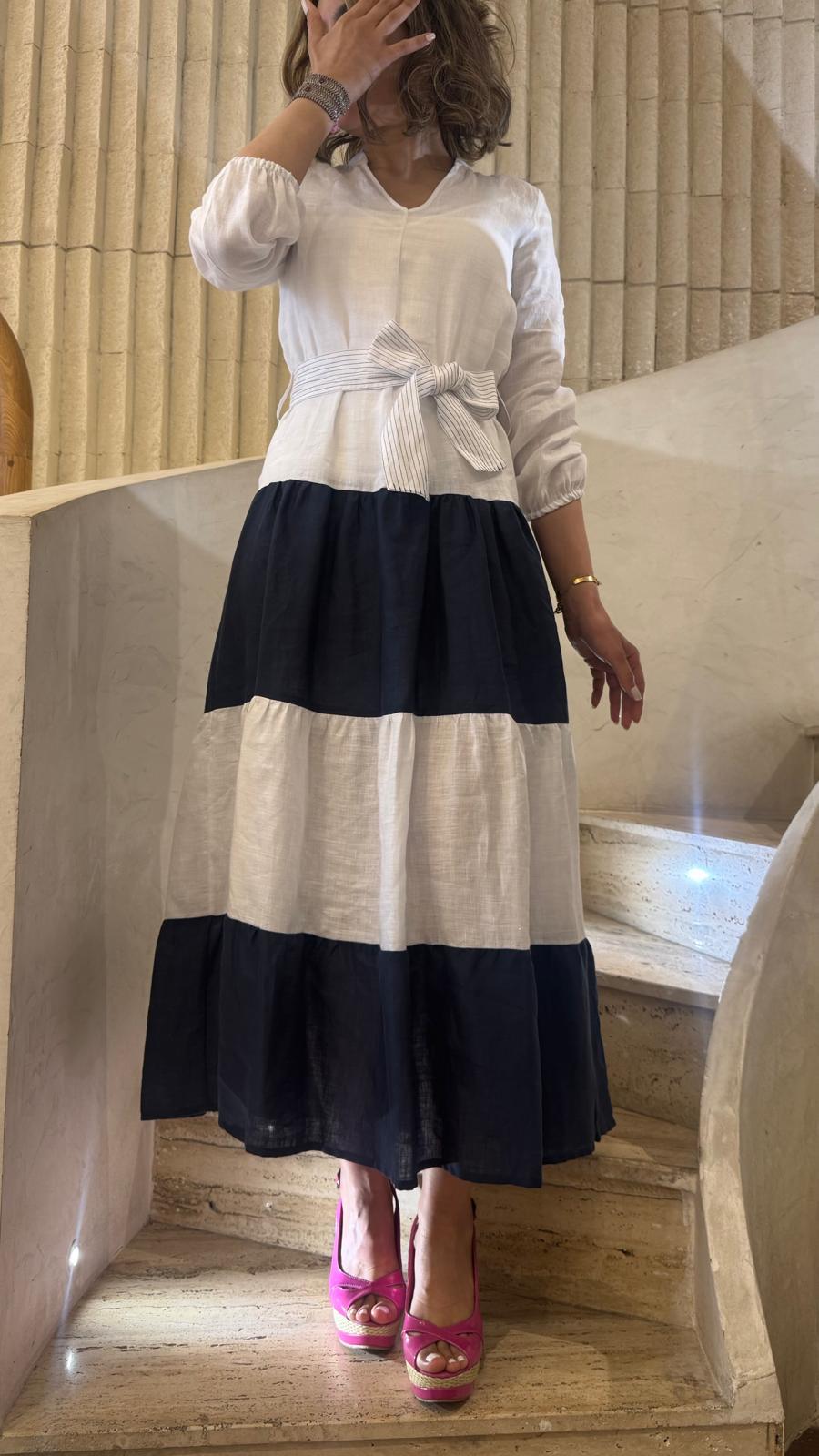 Long Linen Dress with Navy Stripes - 32558 - Brown Loft