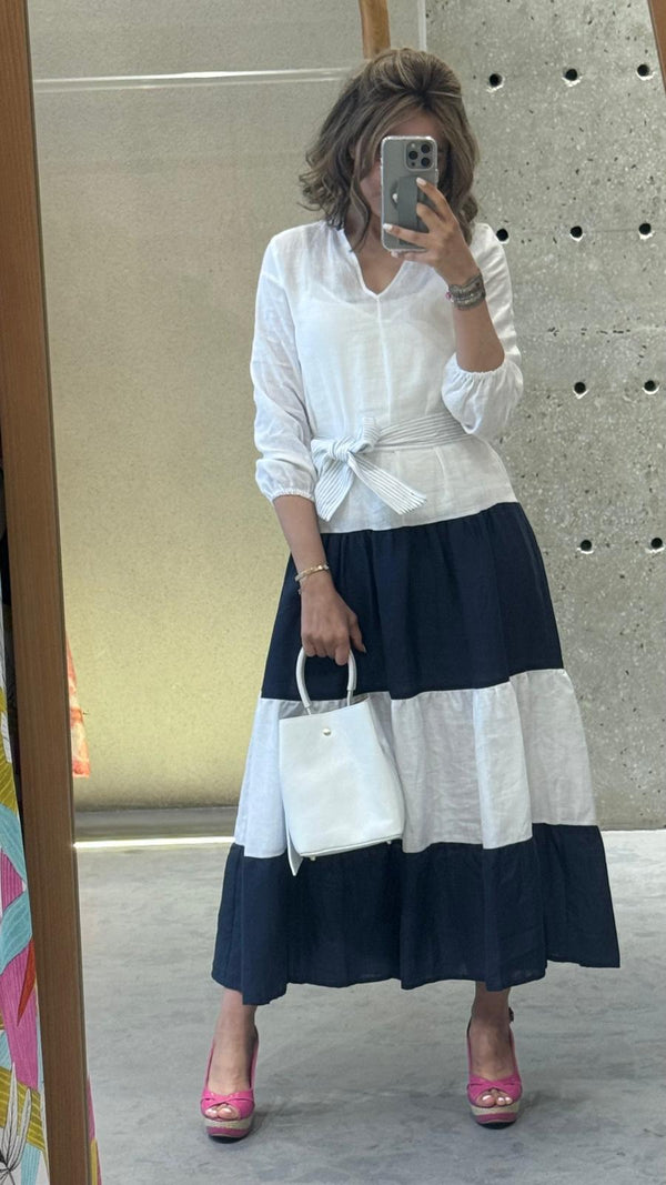Long Linen Dress with Navy Stripes - 32558