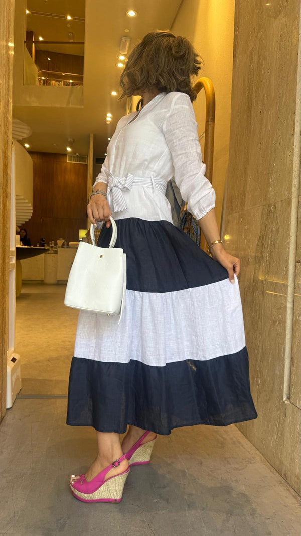 Long Linen Dress with Navy Stripes - 32558