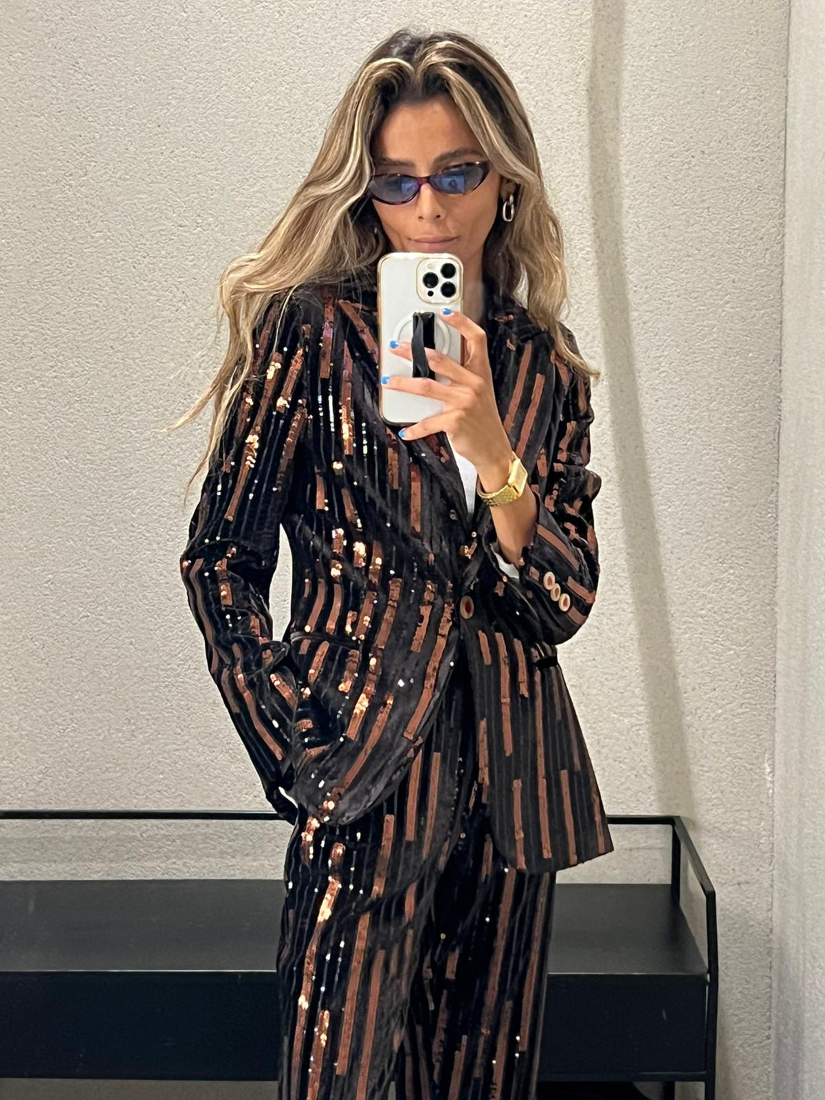 32634/32647 Brown Velvet Sequin Embellished Jacket and Straight Leg Pants - Brown Loft