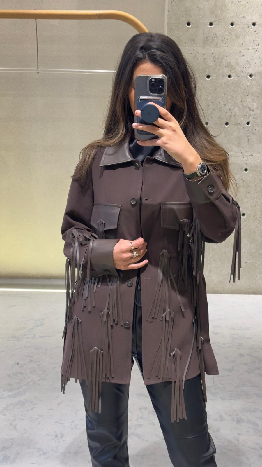 54-1043 Faux Leather Jacket with Fringe - Brown Loft