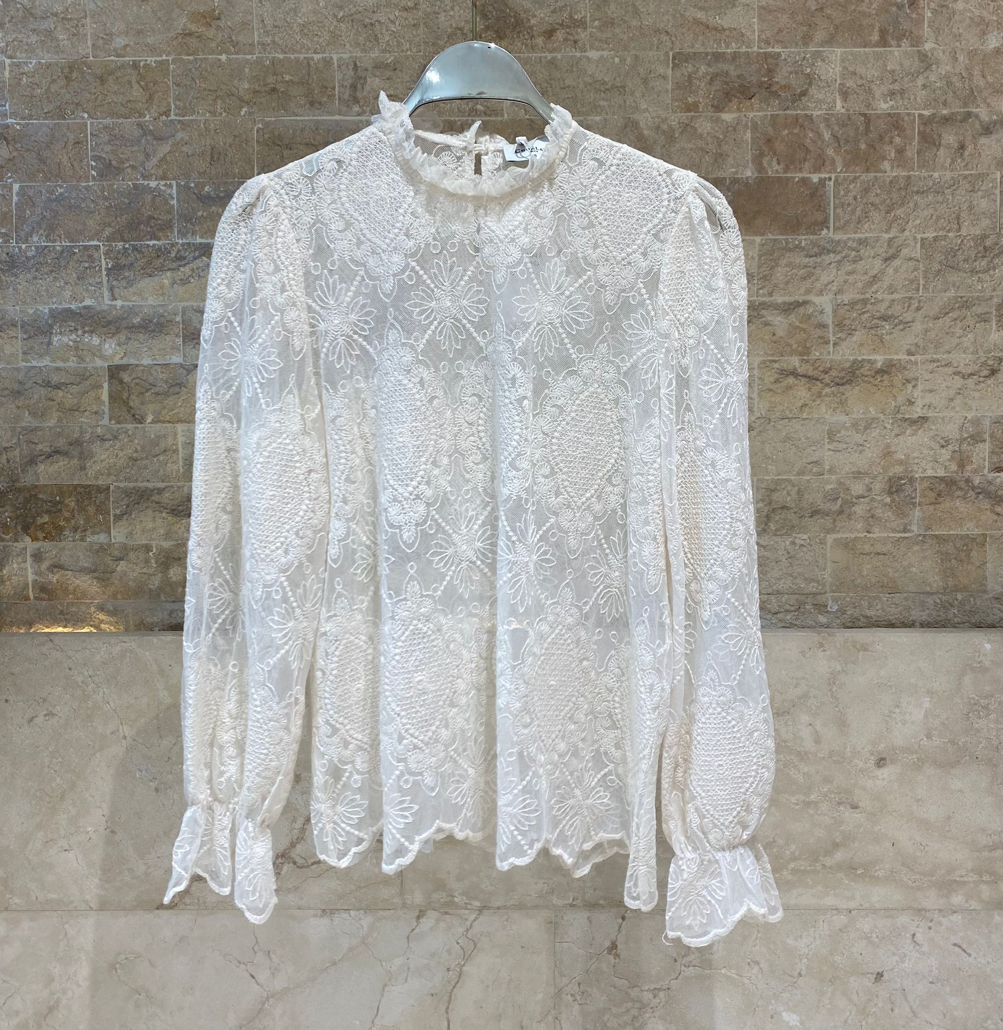 81048 Mock Neck Collared Sheer Floral Lace Top