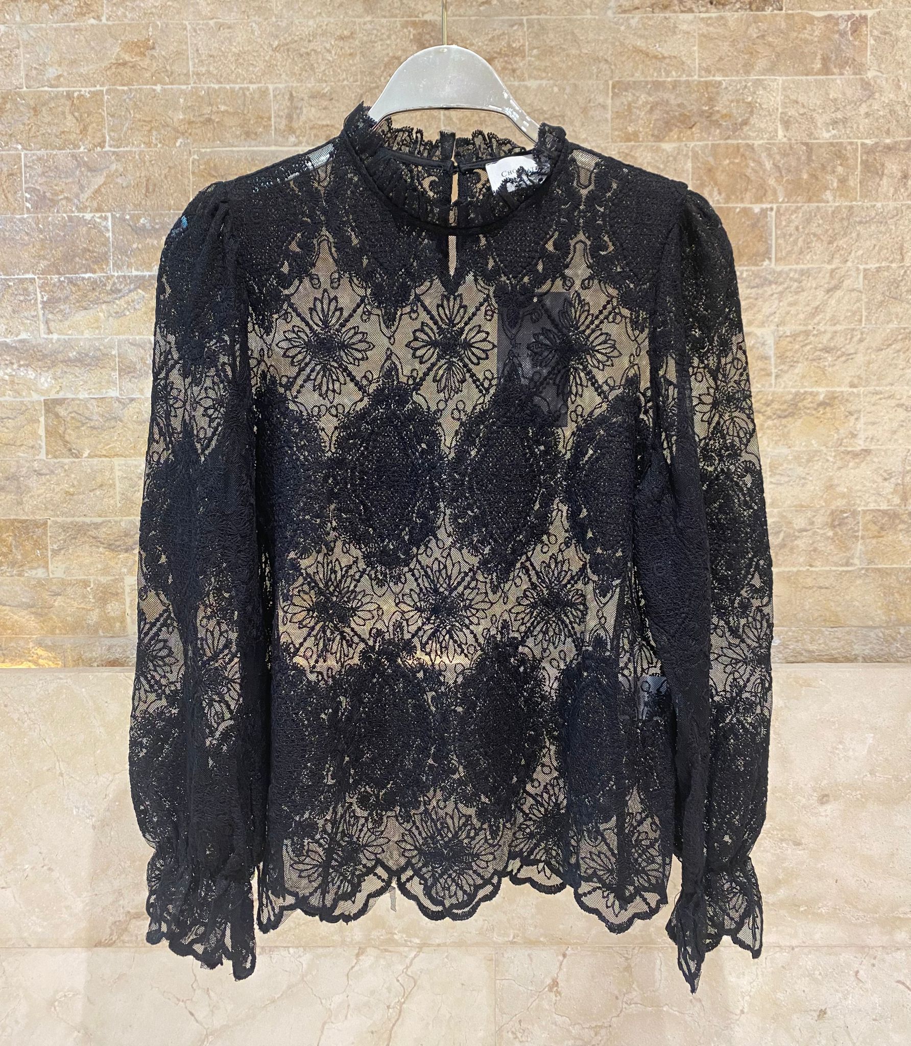 81048 Mock Neck Collared Sheer Floral Lace Top