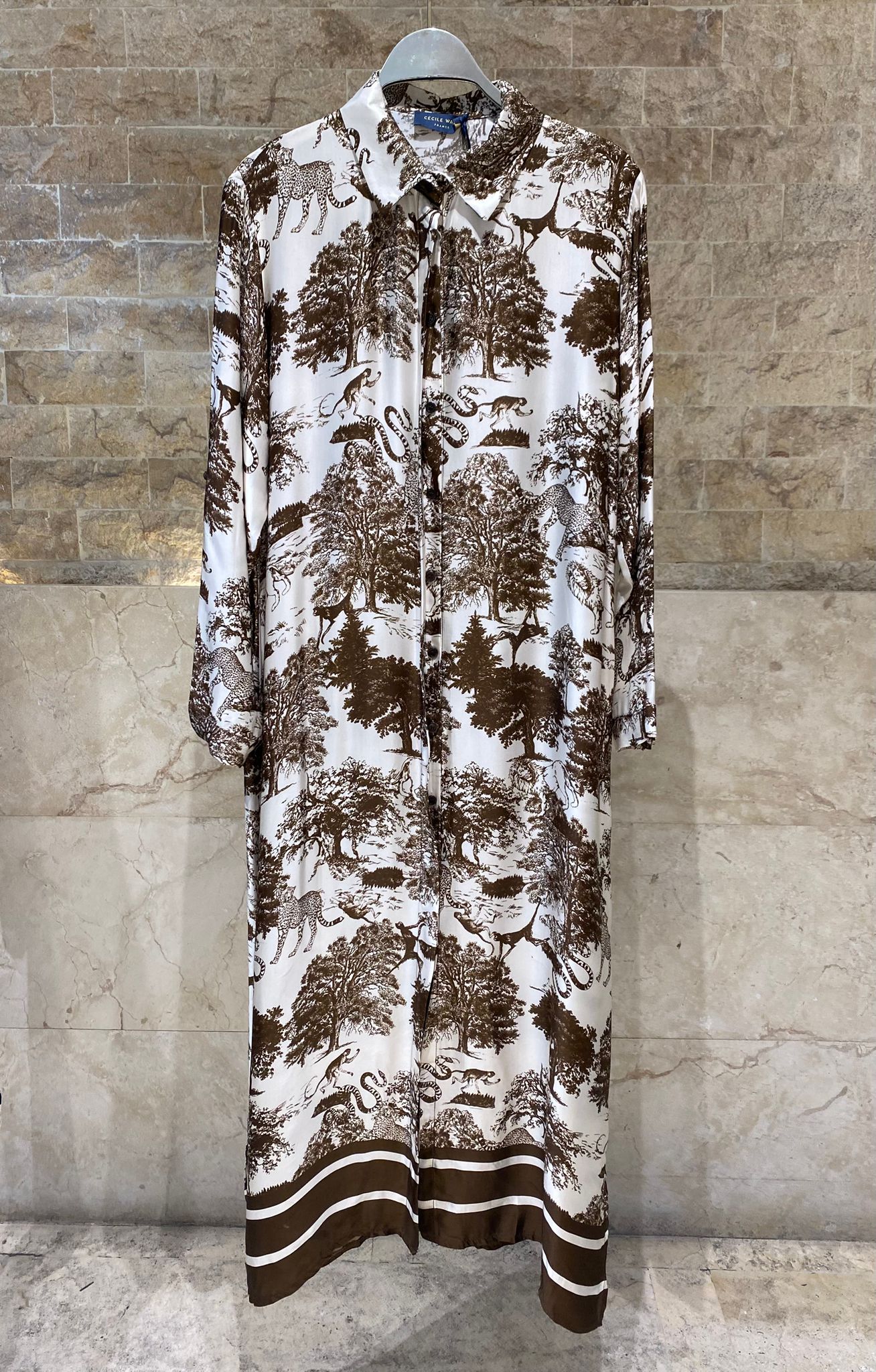 KD6255VS Dream Forest Safari Print Satin Long Dress - Brown Loft