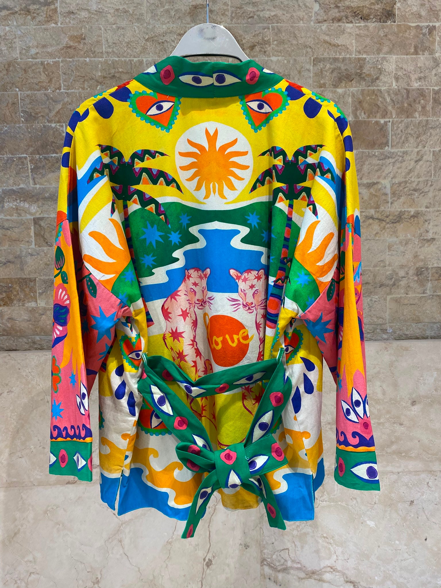 Green Illustrative Graphics Belted Kimono 67058