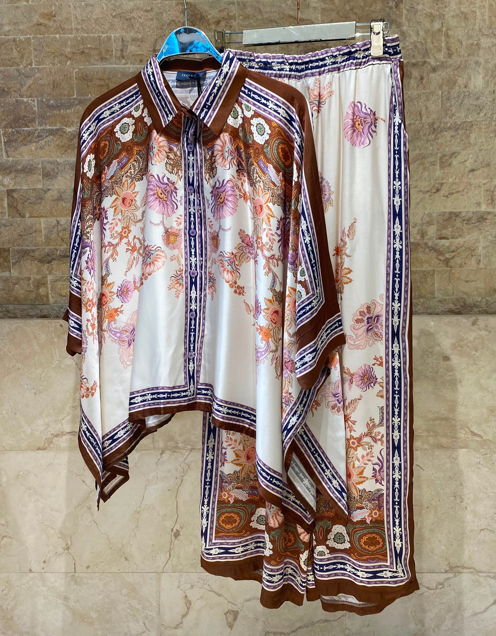 Bohemian Floral Satin Shirt and Pants Set KD8871/9099-12