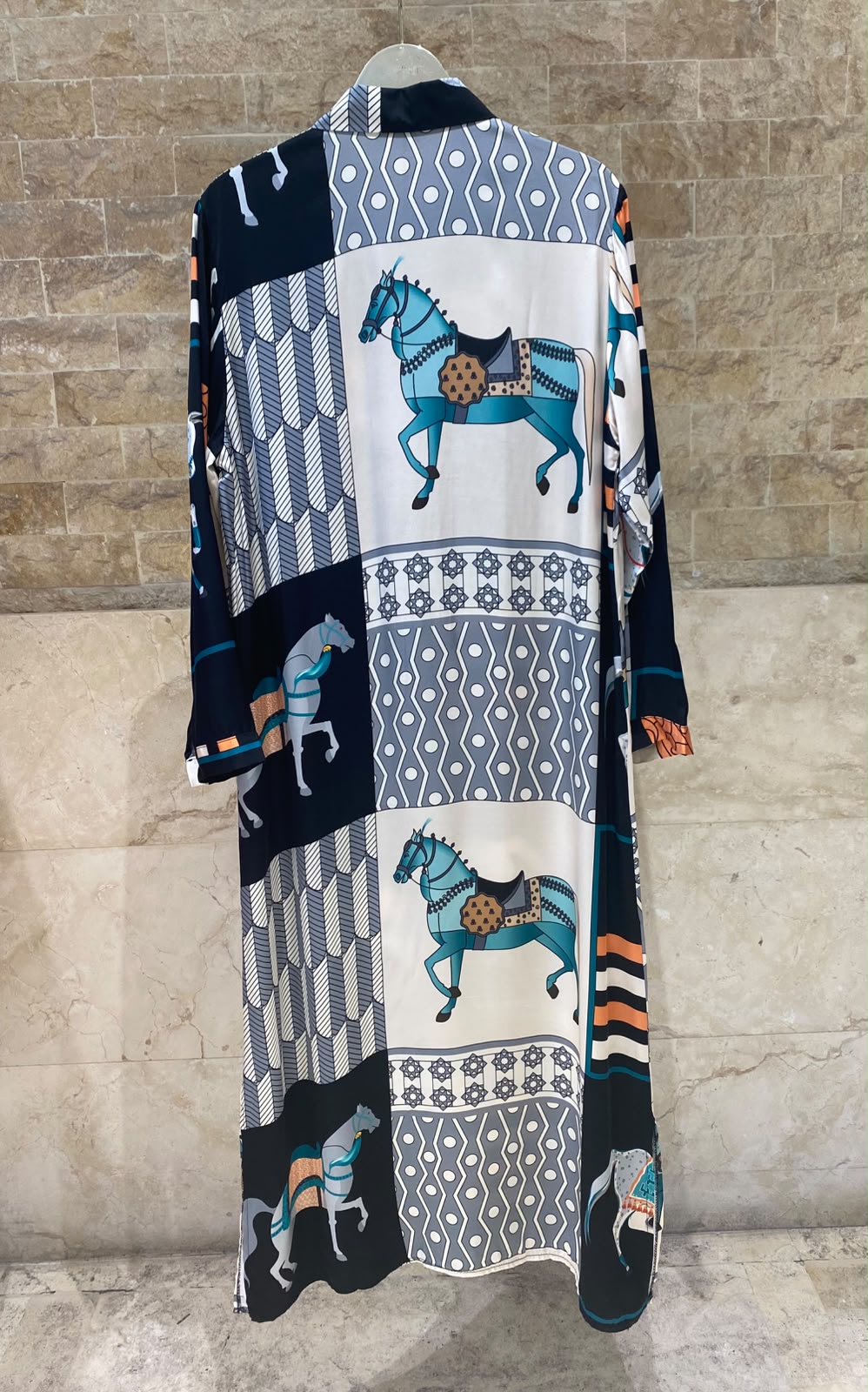 KD6255VS-20 Equestrian Print Oversized Satin Long Dress