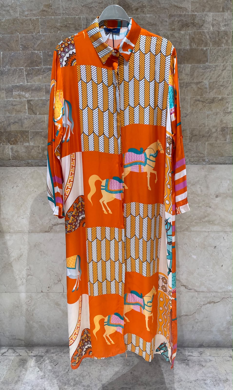 KD6255VS-20 Equestrian Print Oversized Satin Long Dress