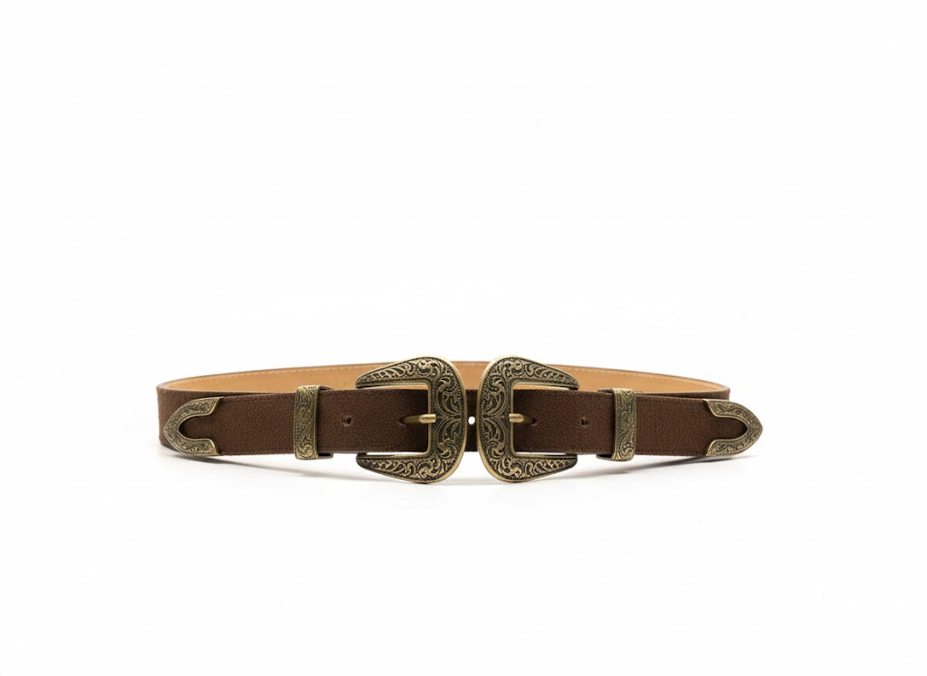 BK0146 Double Up Buckle Belt حزام بإبزيم مزدوج - Brown Loft