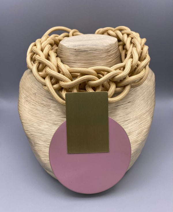 Beige Braided Necklace with Brass Disc - 303162