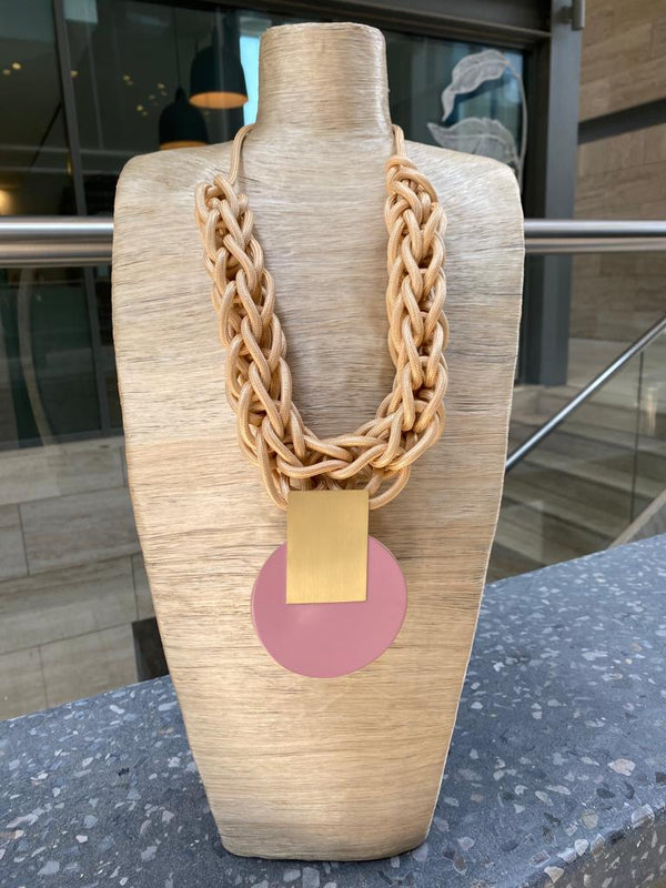 Beige Braided Necklace with Brass Disc - 303162