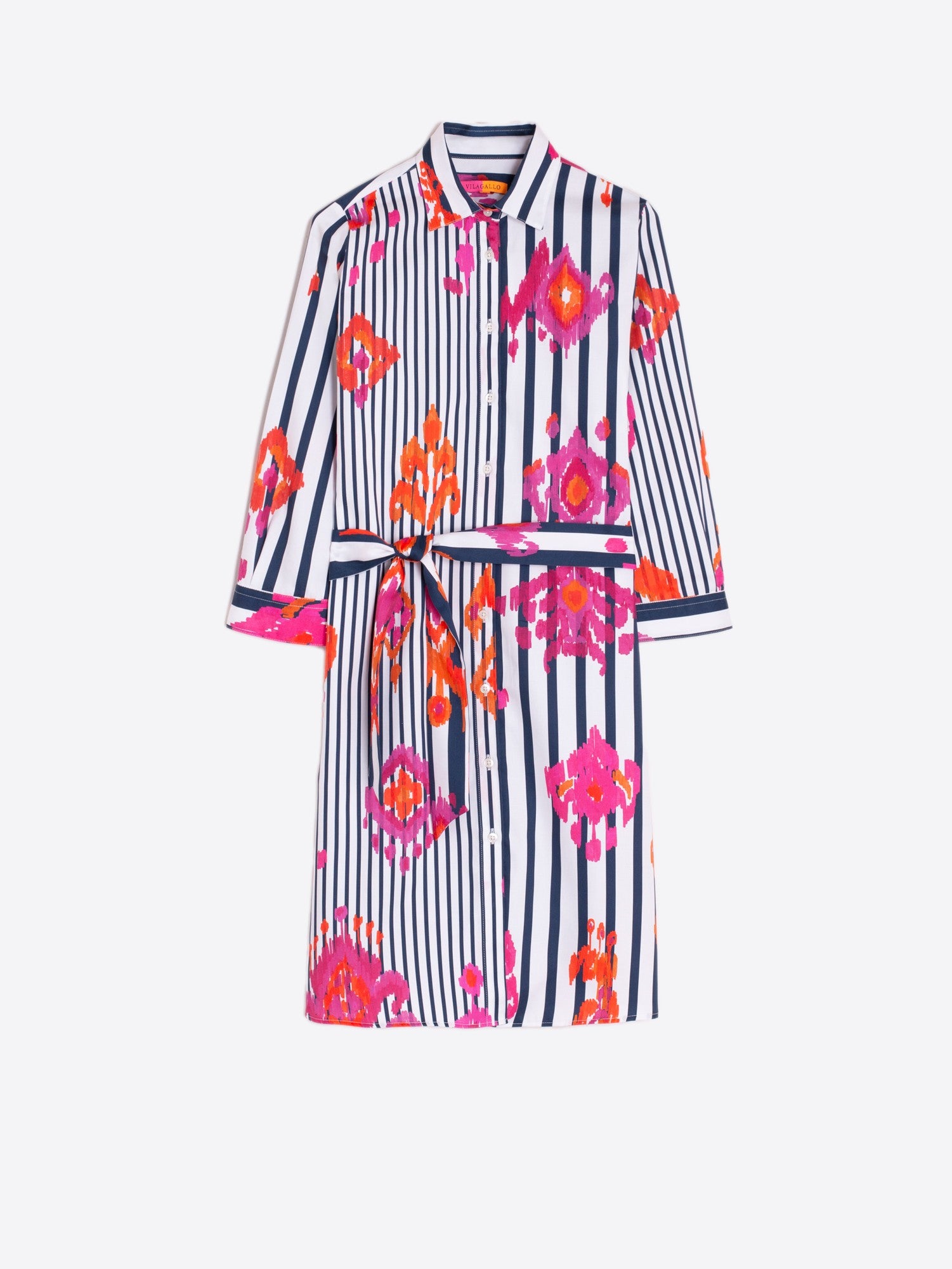 32292 Cotton Striped Knee-Length Dress with Ikat Print - Brown Loft