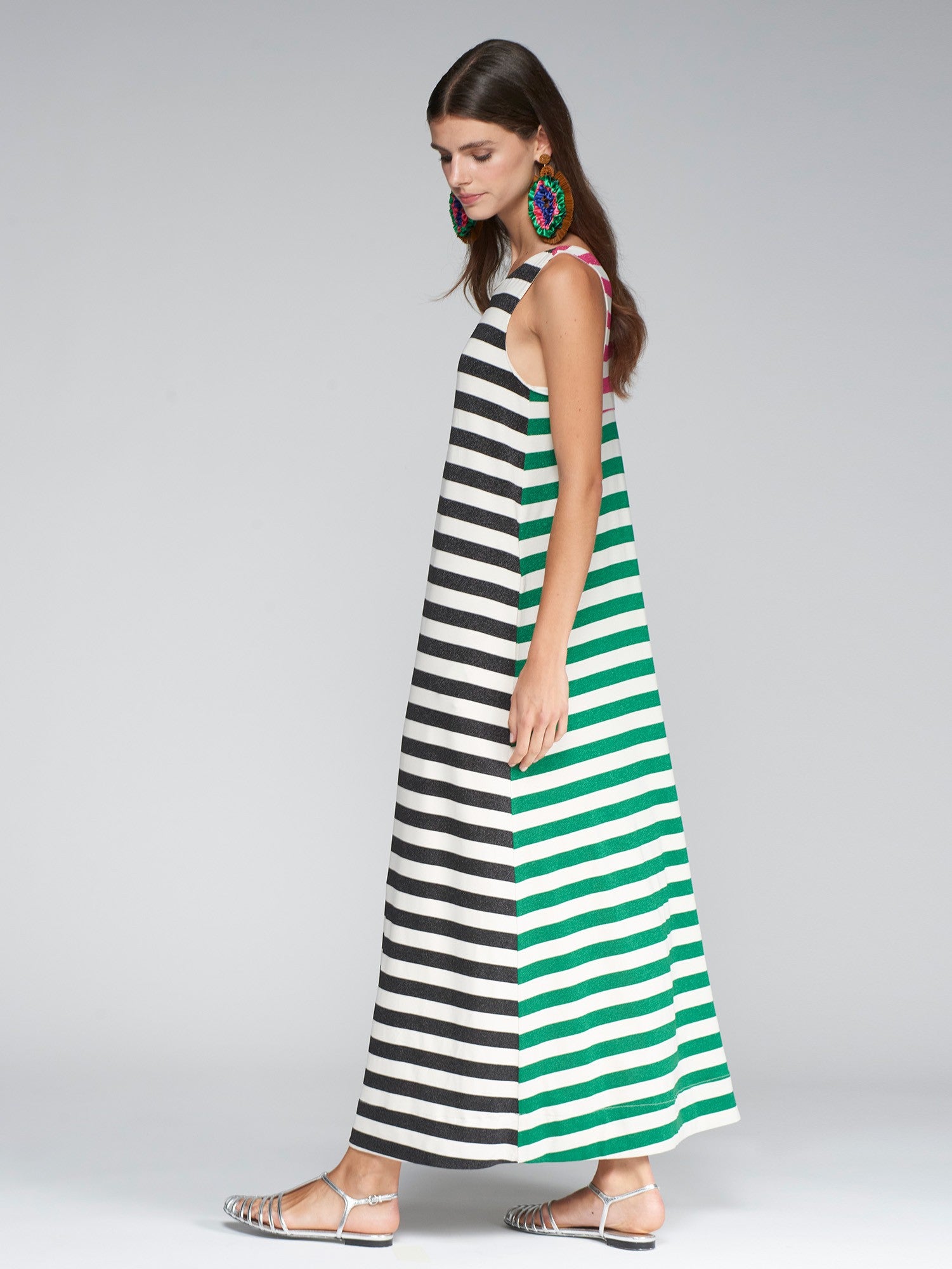 32516 Long Dress with Horizontal Lurex Stripes - Brown Loft