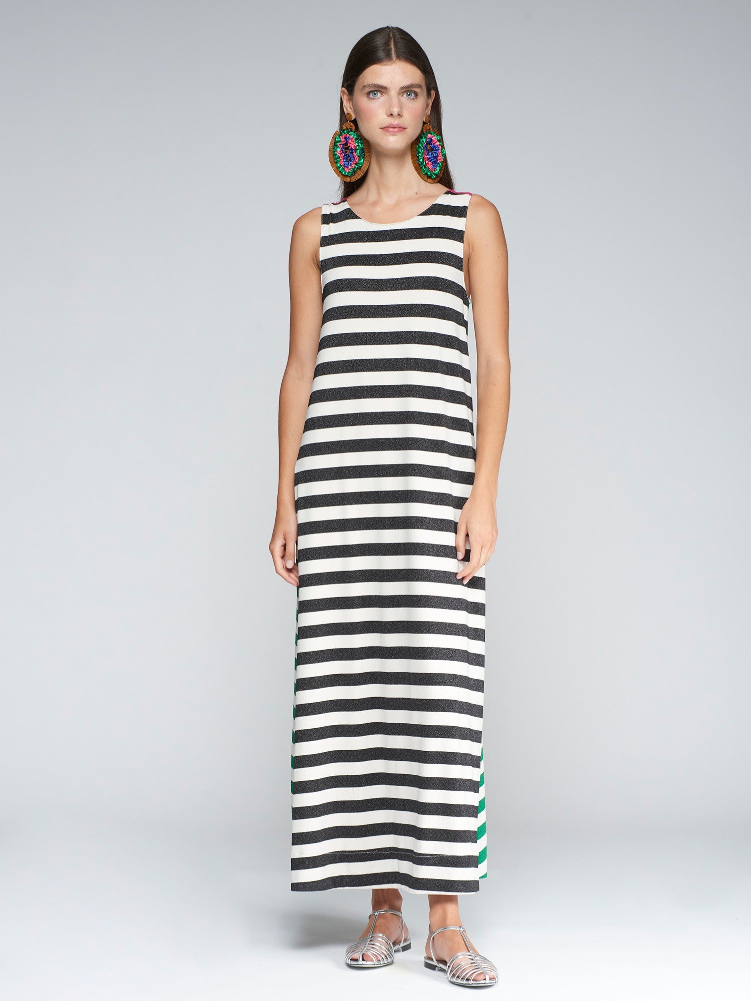 32516 Long Dress with Horizontal Lurex Stripes - Brown Loft