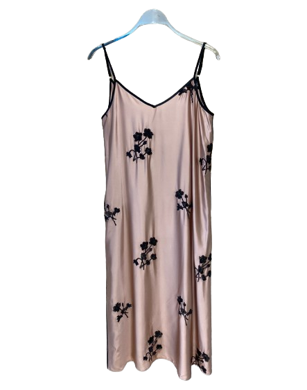 Elegant Satin Long Dress with Embroidered Flower Design