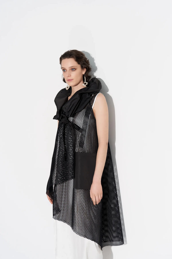 Collared Tie Ribbon Mesh Vest - BZ1047