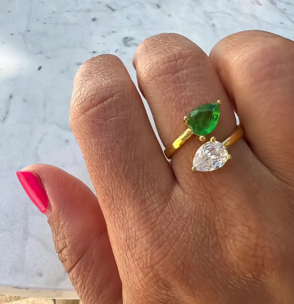 Pear Emerald and CZ Ring