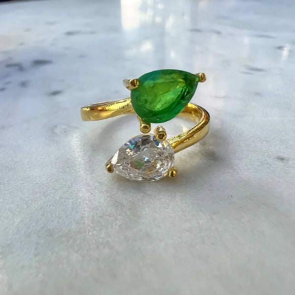 Pear Emerald and CZ Ring