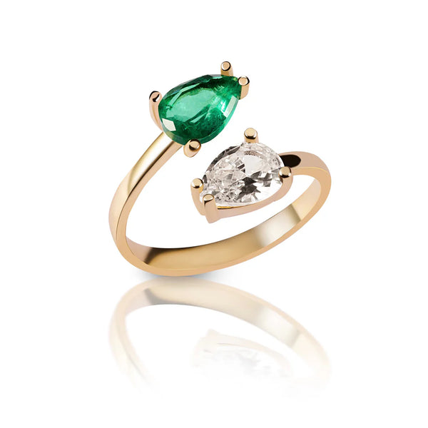 Pear Emerald and CZ Ring