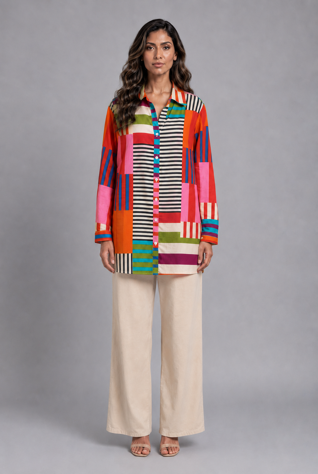 Striped Patchwork Oversized Shirt 67921