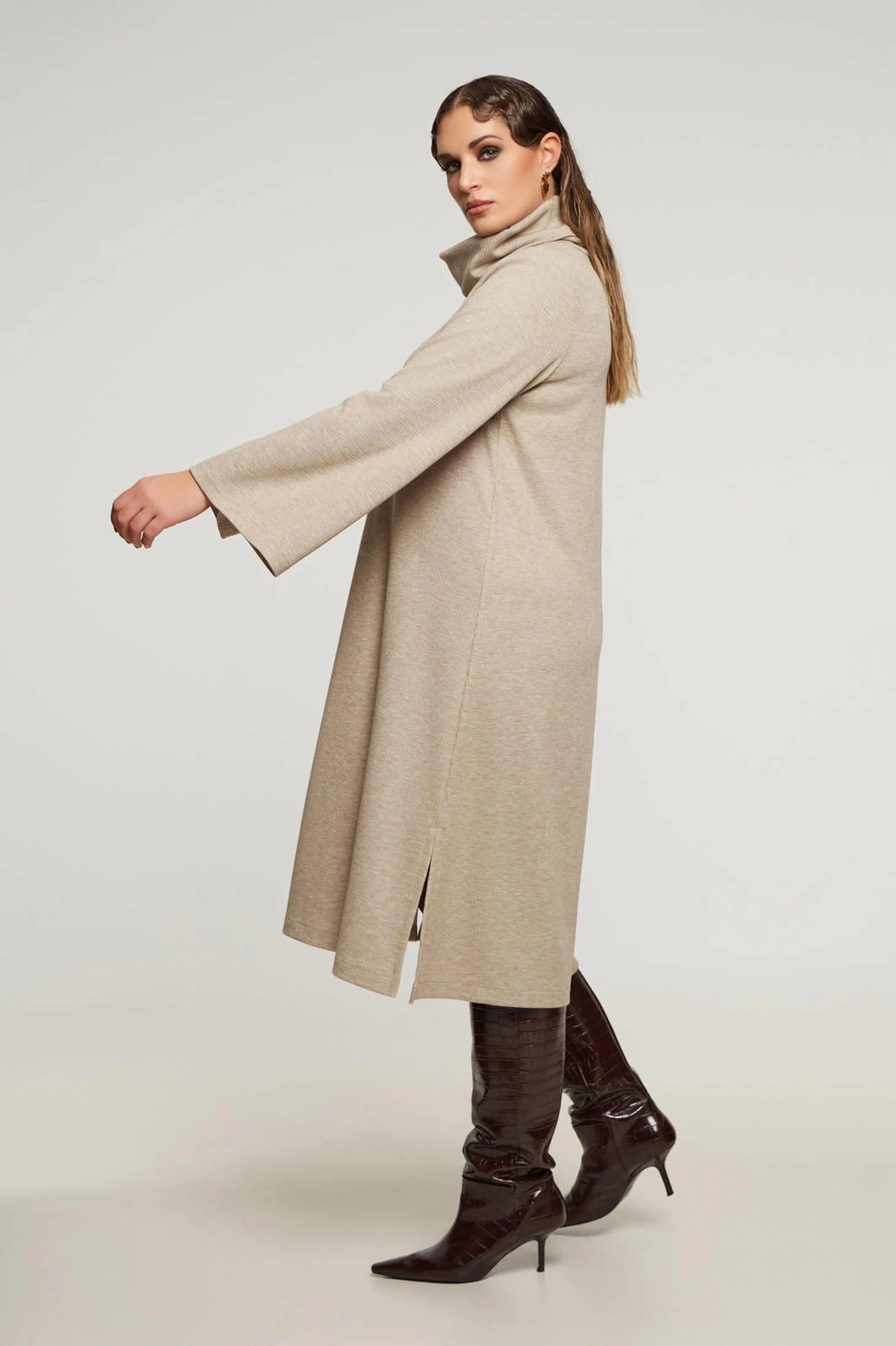 8401.7032 Cowl Neckline A Line Rib Dress - Brown Loft