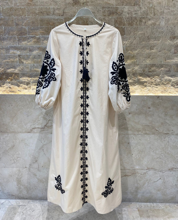 Ivory Embroidered Long Kaftan Dress - AWSS-187