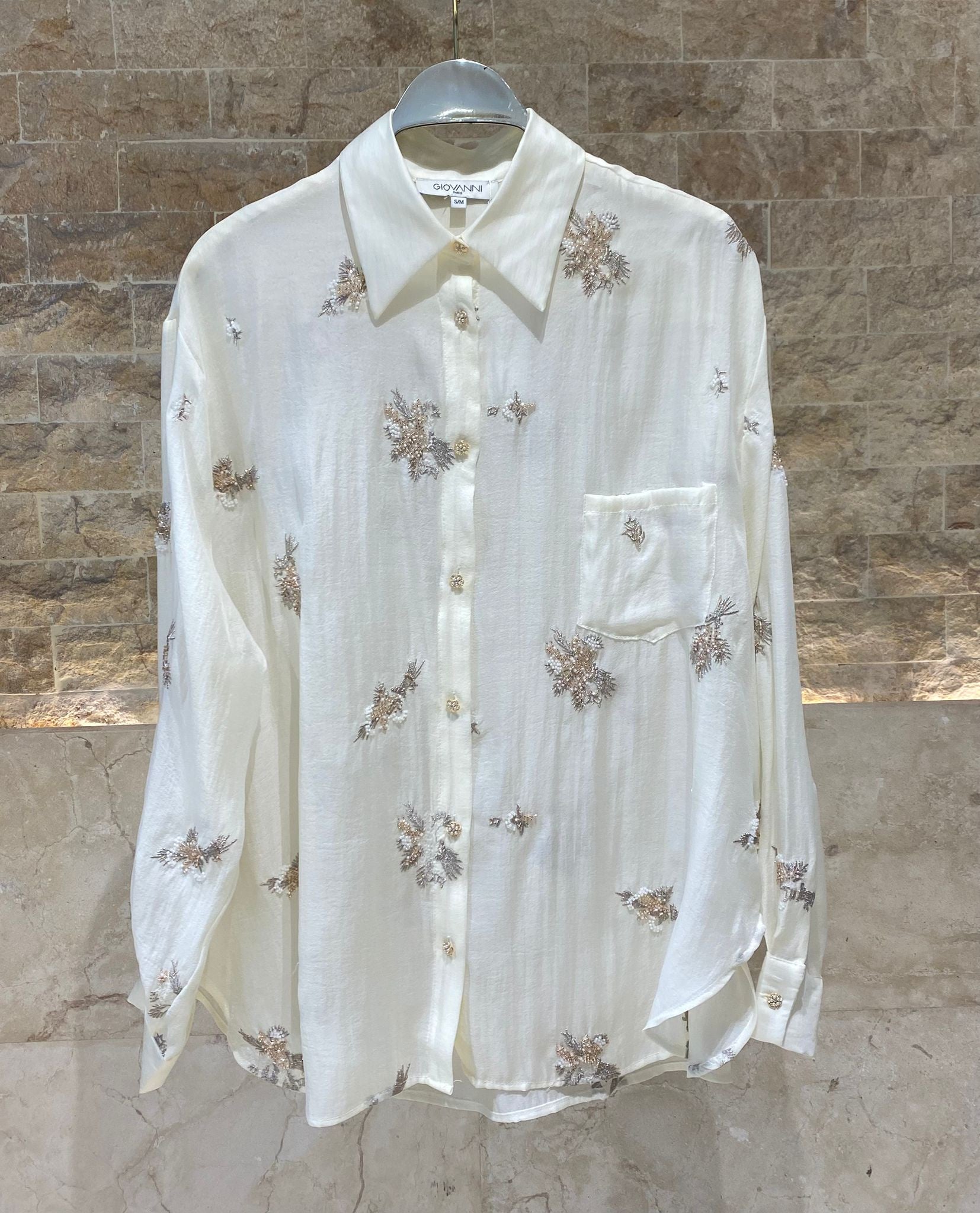 Layla Floral Embroidery Beads Oversized Shirt قميص واسع مطرز بالخرز والزهور - Brown Loft