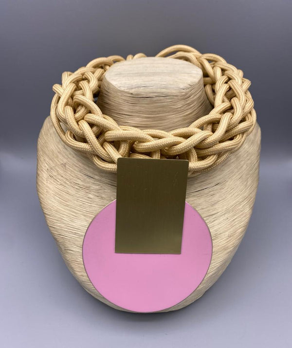 Beige Braided Necklace with Brass Disc - 303162