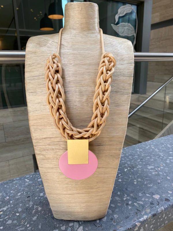Beige Braided Necklace with Brass Disc - 303162