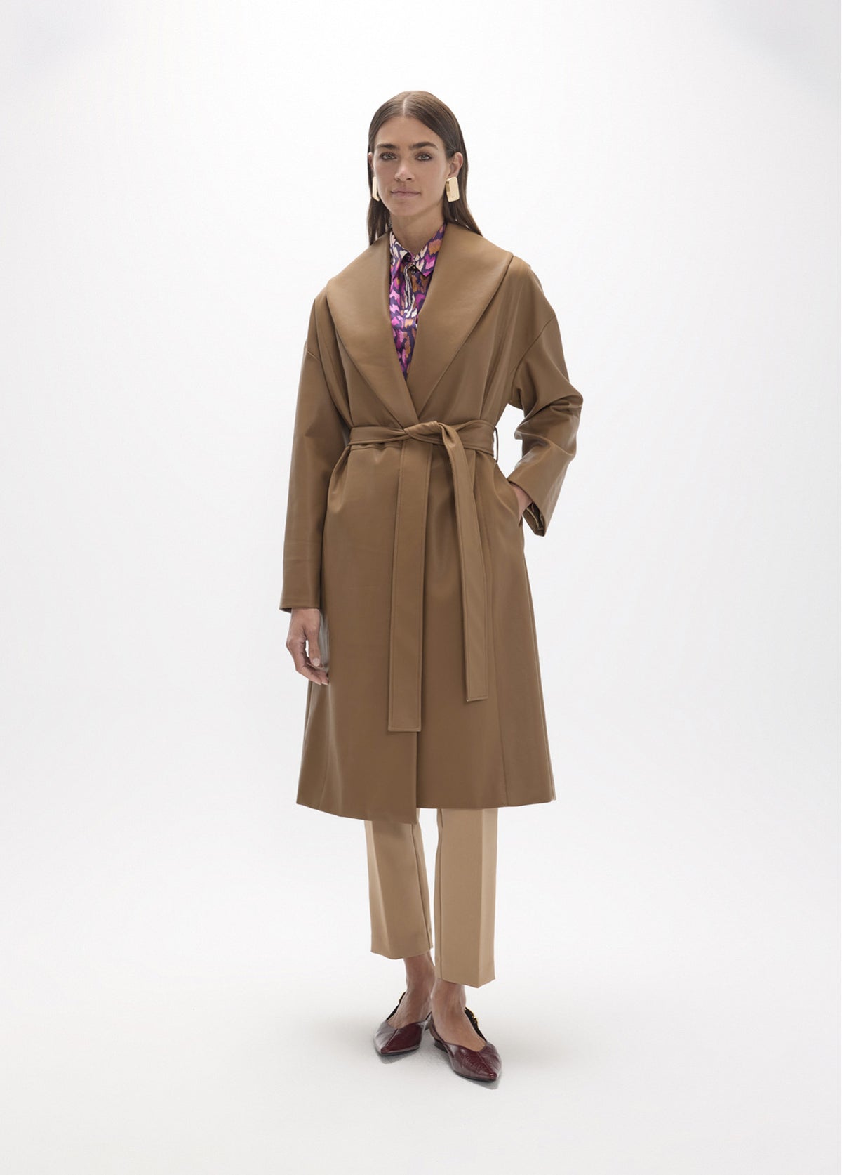 LF2601024 Double Breasted Belted Faux Leather Coat