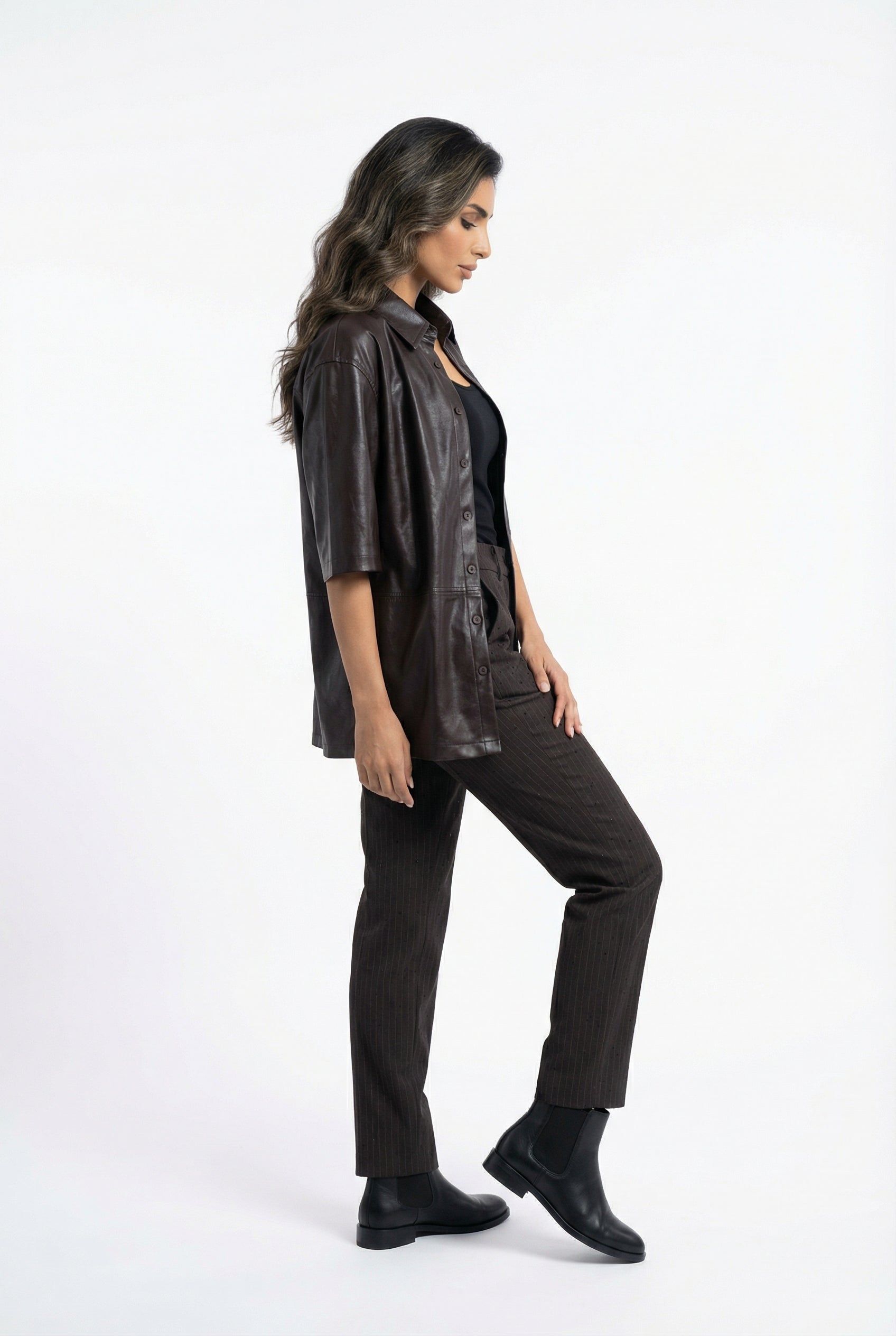 54-7009 Faux Leather Long Shirt - Brown Loft