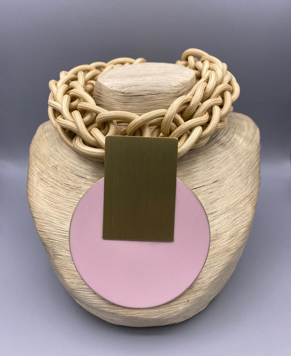 Beige Braided Necklace with Brass Disc - 303162