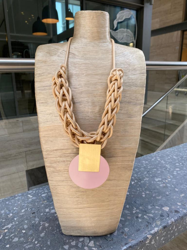 Beige Braided Necklace with Brass Disc - 303162
