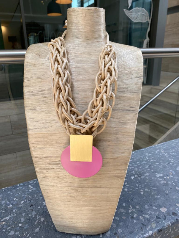 Beige Braided Necklace with Brass Disc - 303162