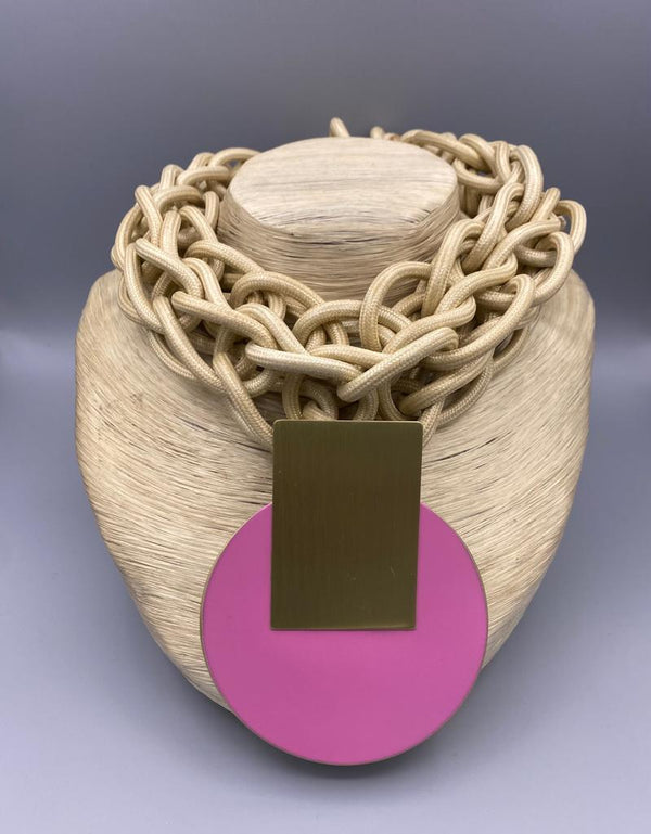 Beige Braided Necklace with Brass Disc - 303162