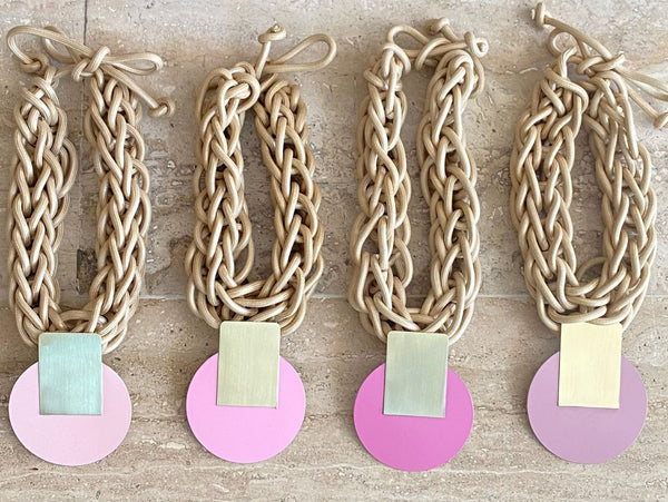 Beige Braided Necklace with Brass Disc - 303162