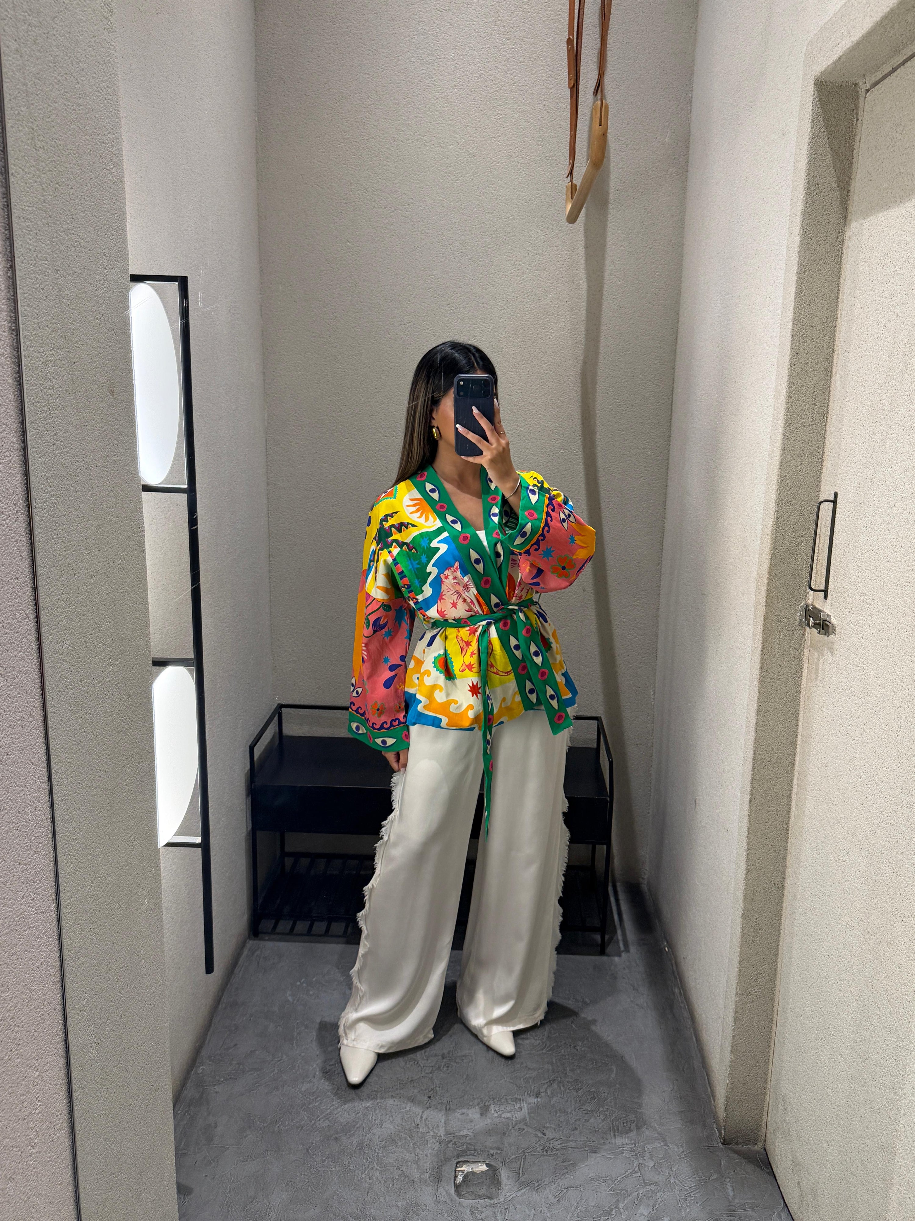 Green Illustrative Graphics Belted Kimono 67058
