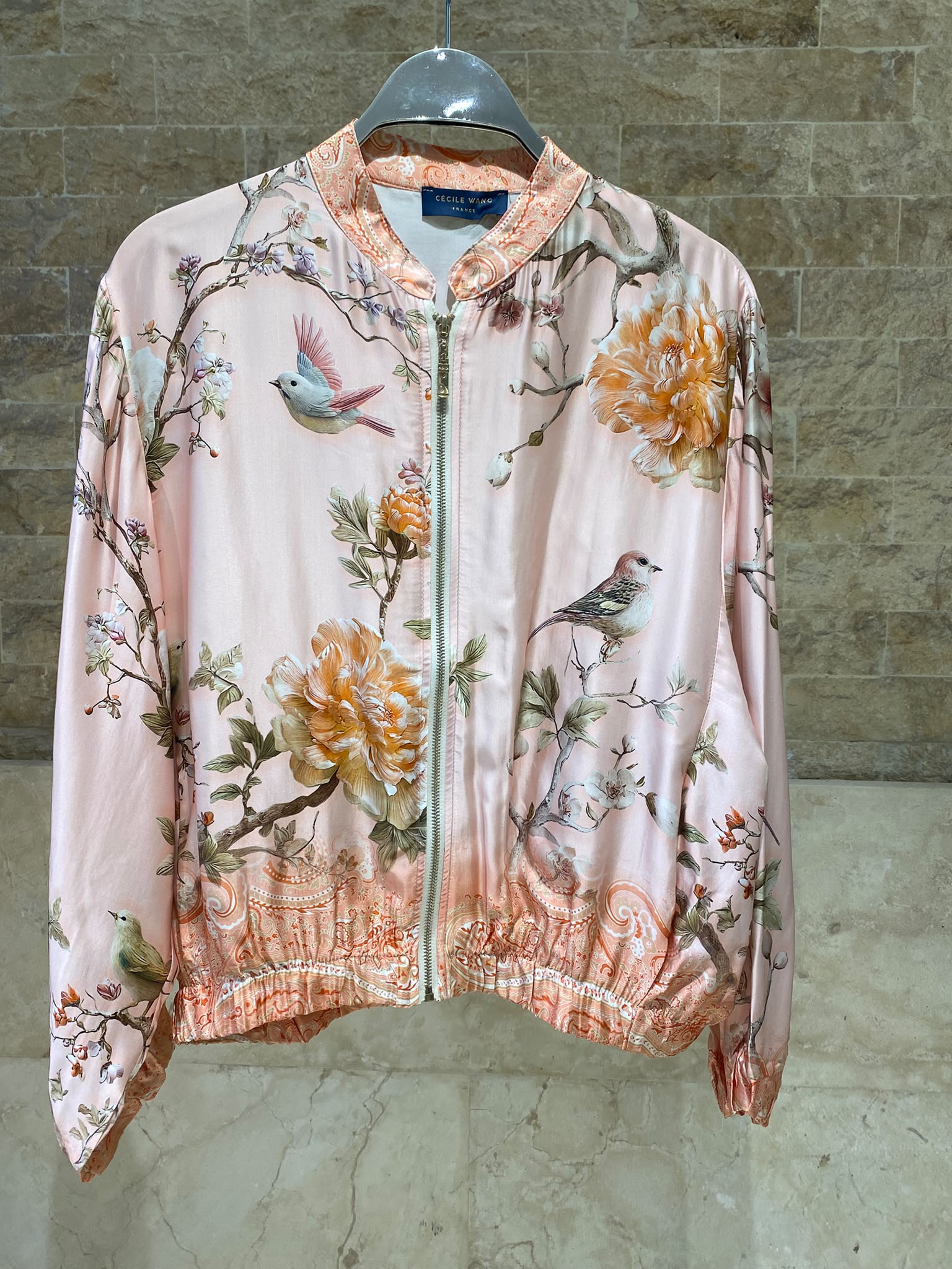 Floral and Bird Printed Satin Bomber Jacket and Pants Set KD8772/6637VS-11
