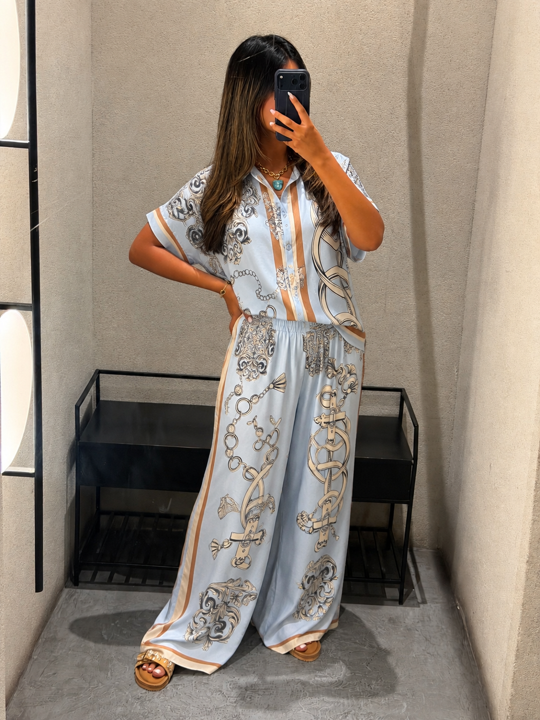 KD9099/9119VS-10 Chain Detailed Satin Shirt and Pants Set